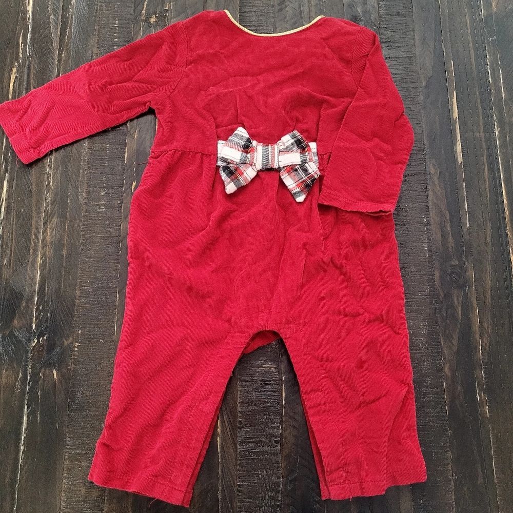 Mudpie Red Corduroy Holiday Christmas Romper Plaid Bow Girl 3-6M